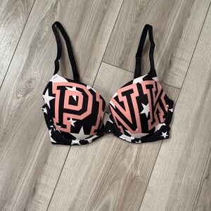 Like New PINK Victoria's Secret Black and Pink Logo Star Push-Up Bra - 34D
